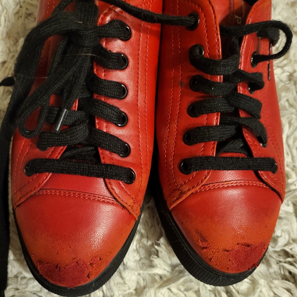 100% AUTHENTIC VIBRANT RED PRADA LEATHER SNEAKERS TRAINERS UNISEX ADULTS KIDS - Picture 7 of 16